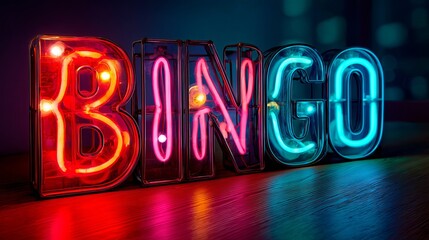 Vibrant Neon Bingo Sign Nightclub Party Festive Entertainment Game Retro Style Illuminated Letters Bright Colors Glowing Design Bold Typography Fun Atmosphere Casino Night Neon Lights Red Pink Blue   