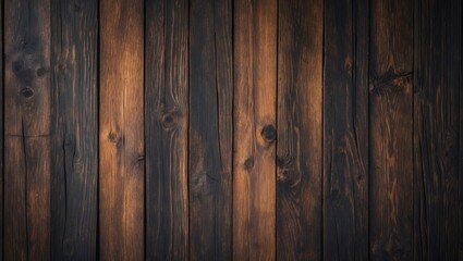 Naklejka premium Dark wood texture backdrop featuring an aged natural pattern, surface of retro plank wood utilized for background, poster, banner, brochure, and graphic design.