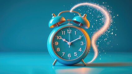 Alarm clock featuring dispersion effect against a blue backdrop. Quarantine theme. Overhead perspective. Flat lay arrangement. Selective emphasis.