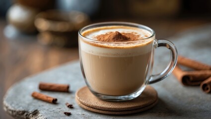 Fototapeta premium The chai latte boasts a fragrant blend of spices such as cinnamon, cardamom, and cloves, resulting in a warm and appealing scent.