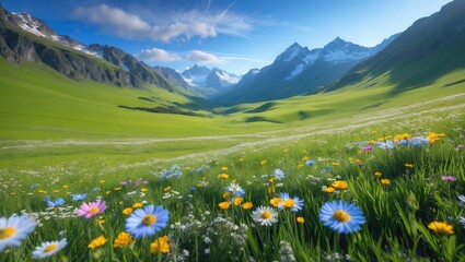 Obraz premium Breathtaking mountainous landscape under a sunny summer sky. Verdant alpine field in elevated areas. Charming valley amidst the mountains.