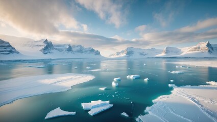Majestic mountains in the background of a snowy landscape. Aerial view over the frozen polar ocean and snow-covered wild desert terrain. Stunning winter scenery, nature wallpaper.