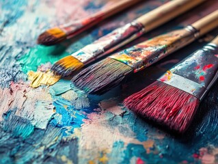 Obraz premium Colorful paintbrushes on textured palette with thick impasto paint mix