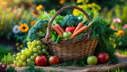 A wicker basket brimming with fresh fruits and vegetables set in a vibrant outdoor garden.