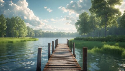 Obraz premium Wooden Dock Extending Across Calm Lake