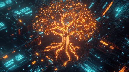 Glowing orange tree embedded in a circuit board