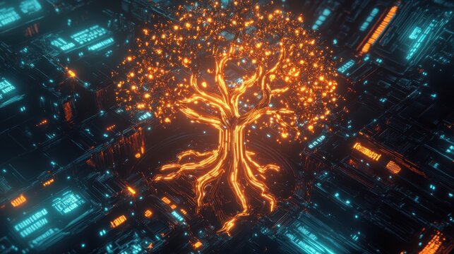Glowing orange tree embedded in a circuit board
