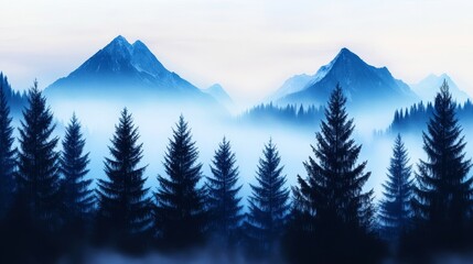 Fototapeta premium Serene Mountain Mist - Misty mountain landscape with a row of evergreen trees in the foreground. Peaceful and tranquil scenery