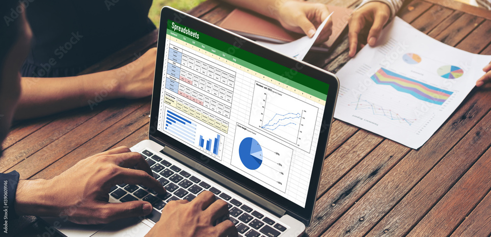 Poster spreadsheet document information financial startup concept. data and graphs in spreadsheet documents