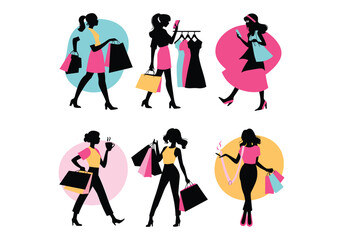 Shopping woman silhouette icons - Set of six different fashion and retail shopping poses