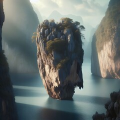 floating island, towering rock formation, misty ocean, ethereal landscape, Avatar-inspired scenery, dramatic cliffs, surreal geography, atmospheric haze, fantasy environment, natural wonder