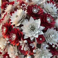 Intricate paper flowers, red and white blossoms, detailed origami art, macro photography, jeweled centers, layered petals, 3D paper craft, floral arrangement, high contrast, textured paper