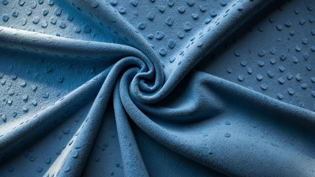 Embossed spotted design on blue suede leather surface. Plush fabric texture, decorative upholstery material for home furnishings and clothing. Background, wallpaper, backdrop.