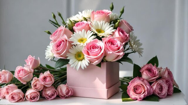 Lovely display of roses and chrysanthemums paired with a pink gift box on a white table background. Floral arrangement