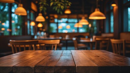 Wooden board table background with empty space. Abstract blurred backdrop.