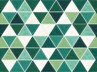 A geometric pattern featuring a repeating grid of triangles in various shades of teal and green.
