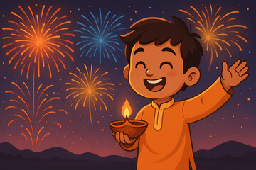 Diwali Celebration Boy Holding a Diya 