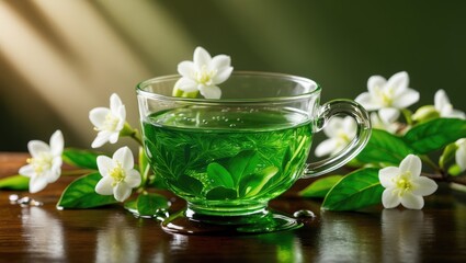 Green Tea Served with White Jasmine Blossoms