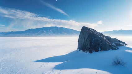 Winter landscape on a sunny day with a clear blue sky. Expansive white snow-covered desert and icy terrain, with a mountain range visible in the background. Stunning travel adventure across the fro...