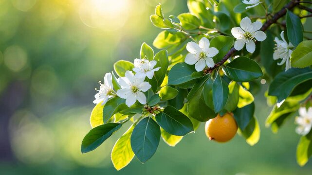 Citrus white flowers at the border of a soft bright backdrop. Tree in full blossom.