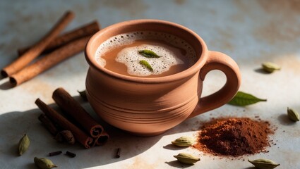 Steaming hot masala tea in a traditional clay cup.