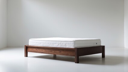 Wooden bed featuring an orthopedic mattress against a white background, isolated.