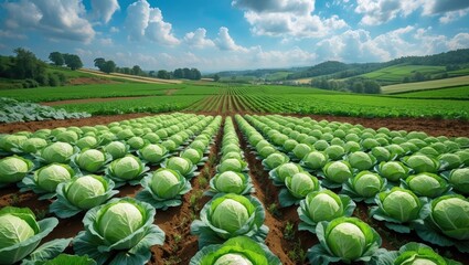 A charming farm area showcasing neatly planted cabbage in rows, complemented by partly cloudy weather.