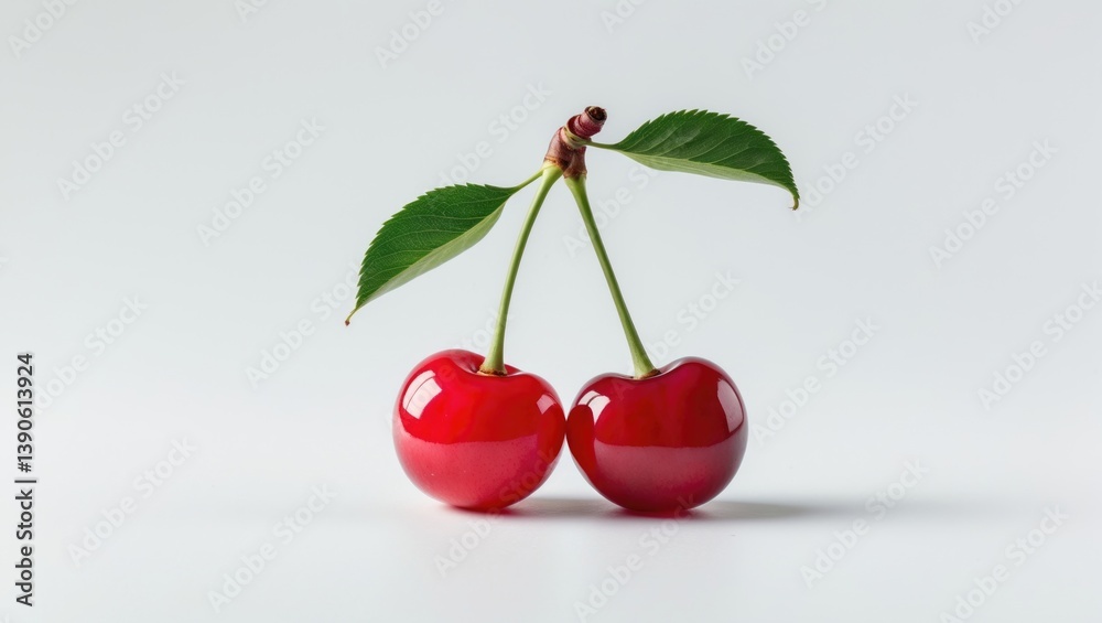Poster cherry along with its stem and leaf on a white backdrop.