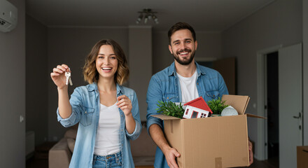 A joyful young couple proudly holding their new house keys and moving box, beaming with excitement for their new home, captured in a bright and airy interior.