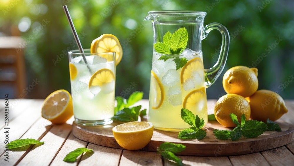 Poster iced citrus lemonade served in a pitcher and glasses, garnished with lemon slices and mint leaves, o