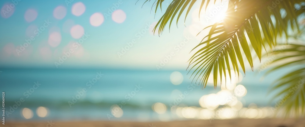 Poster hazy gorgeous nature green palm foliage on tropical shore with bokeh sunlight wave creative backgrou