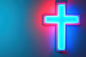 Obraz premium glowing neon cross symbol with vibrant blue and red light on gradient background