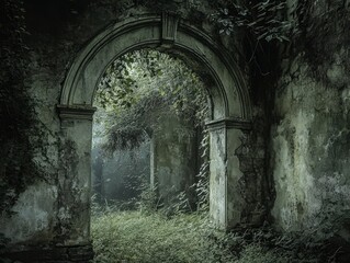Obraz premium Weathered stone archway in crumbling ruins with overgrown vegetation and shadowed passage