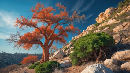 A splendid tree covered in striking fall hues with a crisp blue atmosphere.
