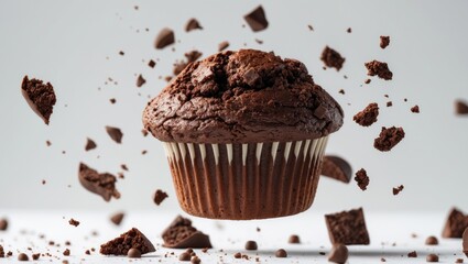 Sweet dark cupcake dropping with flying crumbs on a white background.