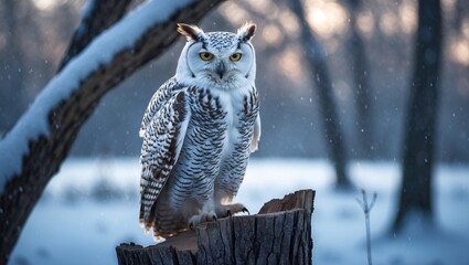 a snowy owl resting on a tree limb