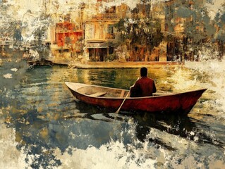 Serene rowing scene in warm tones with red boat and waterfront buildings