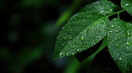 Close-up of lush green leaves covered in dew drops