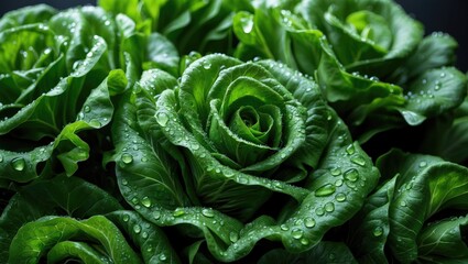 Obraz premium A macro image of lettuce featuring water droplets