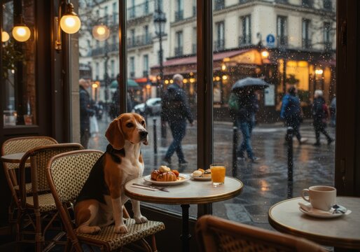Beagle dog sitting at cafe table on rainy day in city, enjoying pastry and orange juice, perfect for advertising cafes, pets, dog ownership and bakery products