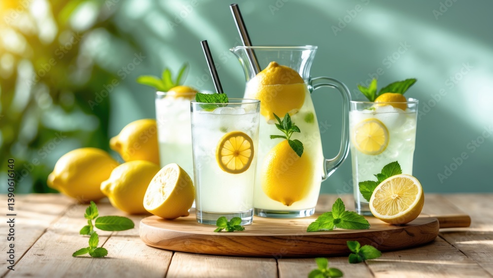 Poster pitcher and glasses of citrus iced lemonade with lemon slices and mint leaves, placed on a table in 