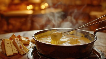 Savory cheese fondue with bread and cheese slices in warm golden tones