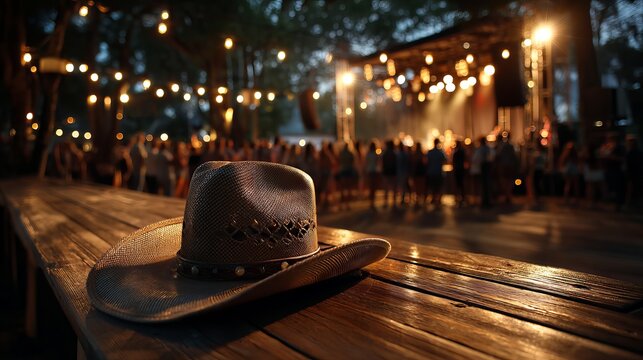 Rustic Cowboy Hat on Wooden Table at Night Outdoor Concert Event Summer Festival Music Background Brown Straw Hat Country Western Music Theme Festive Atmosphere Relaxing Evening Party Celebration Fun 