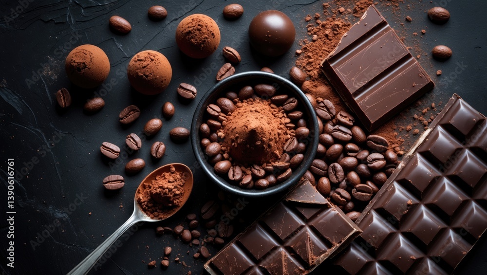 Aufkleber Theme of chocolate and cocoa. Cocoa powder on a spoon adjacent to cocoa beans and crumbled chocolate against a black setting