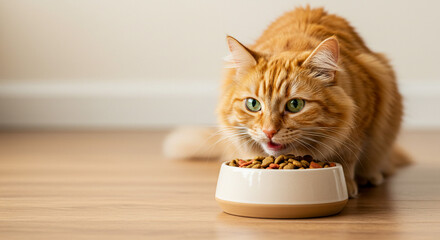 A fluffy ginger cat enjoys a delicious meal of crunchy kibble in its pristine bowl, a moment of pure feline contentment on a warm, light wood floor.