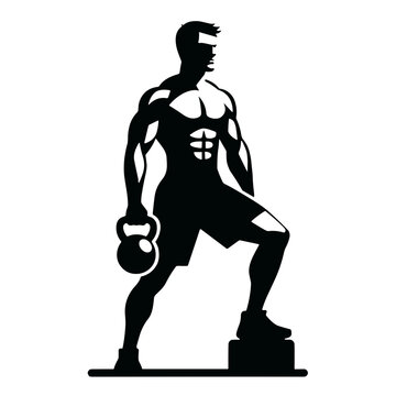 Monochrome vector illustration of crossfitter with a kettlebell FULL LENGTH  - bold black outlines  flat icon style 