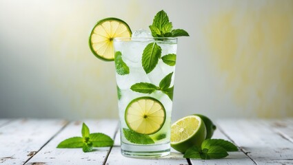 Sparkling organic lemonade drink with lime and mint served cold in a tall glass on a white wooden tabletop with ice cubes