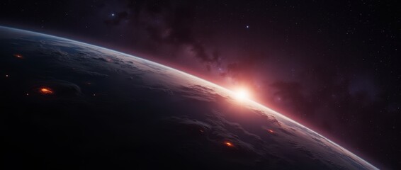 Fototapeta premium Sunrise or star-rise over a dark planet's horizon, revealing clouds and glowing surface hotspots. Stars and nebula visible in space.