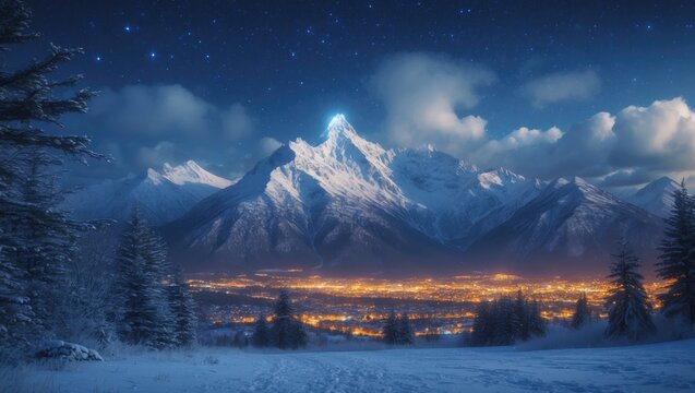 A beautiful depiction of city lights shining in the presence of majestic snowy mountains, showcasing a compelling contrast of urban vibrancy and natural elegance.