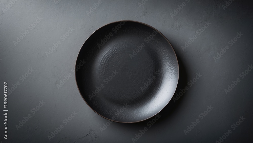 Poster textured dark ceramic round plate. close-up on background. empty space for text.